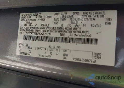 2015 Ford Transit-350 Xlt from USA, damaged, VIN 1FBZX2YM5FKA67328